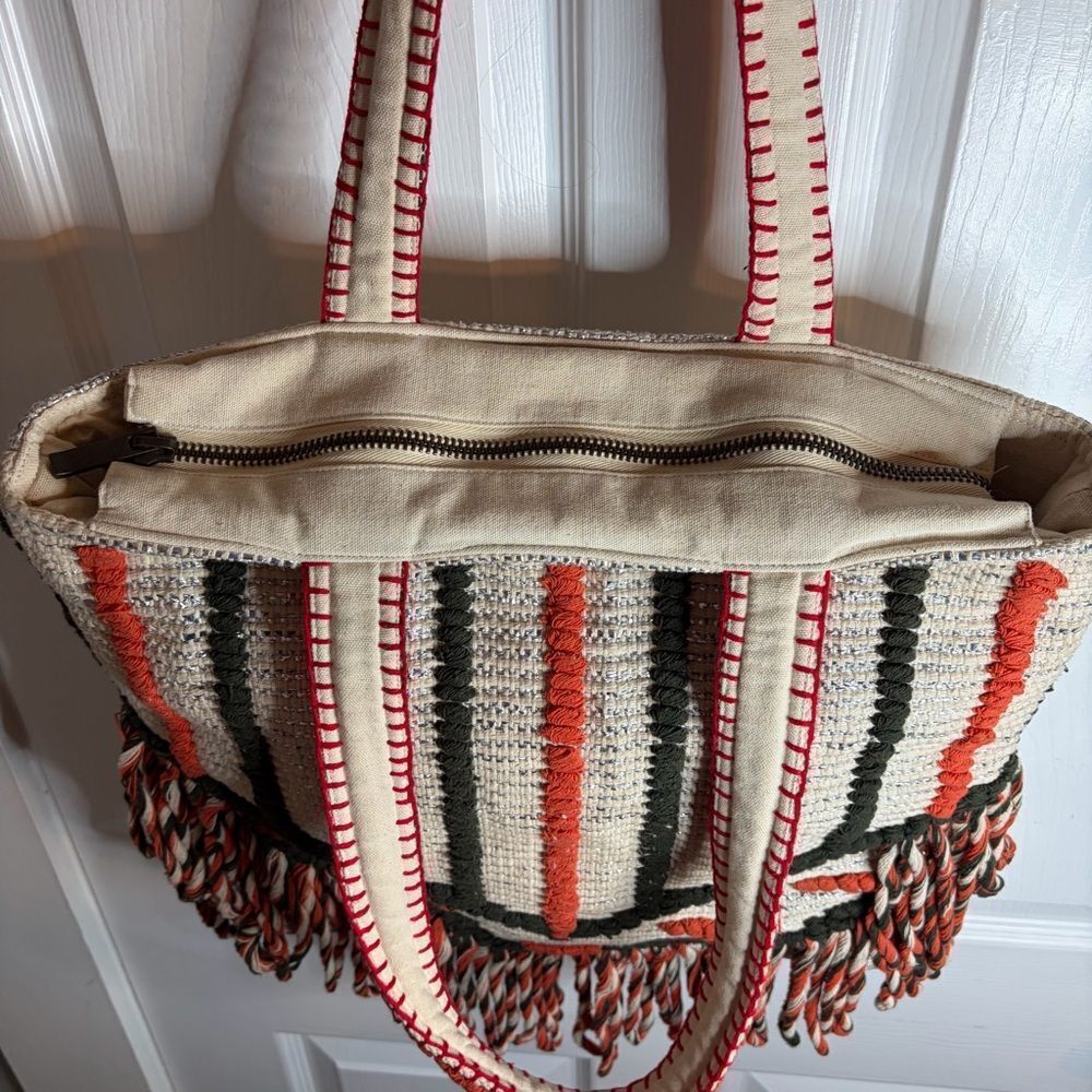 Lilla P Cotton Lurex Coral Cream Silver Metallic Stripe Crochet Beach Tote Bag L - Picture 10 of 13